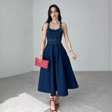 Chicmy-Women’s Strappy Denim A-Line Dress Crossed Open Back Belted Waist Mid-Length Outfits For Woman Summer Casual Streetwear Dresses