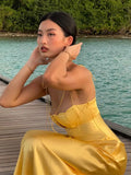 Chicmy-nye outfits Summer Backless Yellow Satin Slip Dresses Women Elegant Off Shoulder Strapless Floral Chest Long Dress 2025 New Lady Party Robes