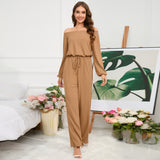 CHICMY- Women's off Shoulder Jumpsuit Overall Solid Tie Waist Straight Jumpsuit