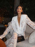 Chicmy White Lace Two Piece Sets Women Deep V Neck Long Sleeve Tops And Long Pants Ladies See Through Loose Trousers Sets-Christmas Outfit