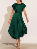 Chicmy-new fashion trend Loose Short Sleeves Solid Color Split-Joint Tied Waist Round-Neck Midi Dresses