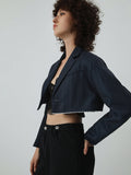 CHICMY- Double Lined Pinstripe Raw Hem Crop Blazer