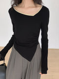 CHICMY- Contrast Trim Long Sleeve Asymmetrical Top