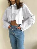 CHICMY- Asymmetrical Pocket Button Collar Crop Shirt