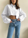 CHICMY- Asymmetrical Pocket Button Collar Crop Shirt