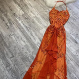 Chicmy-Thanksgiving Cyber Monday Christmas Gorgeous Mermaid Halter Orange Long Tulle Prom Dresses Beads Evening Dress C2992