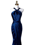 Chicmy-Cyber Monday Christmas party outfits Sexy Mermaid High Neckline Navy Blue Satin Evening Dress Long Prom Dresses Party Dress With Ruffles C3231