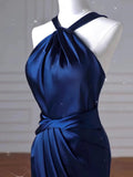 Chicmy-Cyber Monday Christmas party outfits Sexy Mermaid High Neckline Navy Blue Satin Evening Dress Long Prom Dresses Party Dress With Ruffles C3231