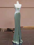 Chicmy-Cyber Monday Christmas party outfits Sexy Mermaid Strapless Green Satin Evening Dress Long Prom Dresses Party Dress With Ruffles C3234