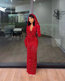 Chicmy-Cyber Monday Christmas party outfits Sexy Mermaid Halter Red Sequin Long Prom Dress With Gloves C949