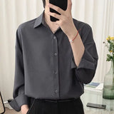 CHICMY-Korean Fashion 2024 Spring All-match Men Shirt Quality Chiffon Button Up Long Sleeve Casual Solid Color Loose Men Dress Shirt