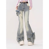 90s streetwear American Style Retro Bow Micro Flared Jeans for Women 2024 New Summer High Waist Mopping Pants Fashion