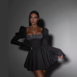 winter outfits men 24 Years Elegant Bubble Long Sleeve Square Collar Sequined Short Skirt Lace-up Waist Slimming Dress