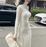 business casual outfits Turtleneck Knitted Dress Autumn and Winter Inner Slim-Fit Belt over-the-Knee Bottoming Sheath One-Step Skirt Casual Women's Clothing