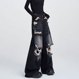 tomboy outfit American-Style Retro Black Ripped Jeans Women's Summer New Ins Fashion Brand Straight Loose Mop Wide-Leg Pants