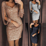 homecoming EBay New V-neck Sequined Tassel Long Sleeve Slim-Fit Sheath Dress