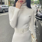 business casual outfits Turtleneck Knitted Dress Autumn and Winter Inner Slim-Fit Belt over-the-Knee Bottoming Sheath One-Step Skirt Casual Women's Clothing