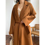 winter outfits men 2024 Double-Sided Woolen Coat Women's M Labbro Water Ripple Bathrobe Belt Cashmere Wool Coat Women's Clothing