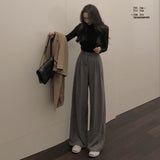 business casual outfits Casual Pants for Women 2024 Spring High Waist Draping Mop Slimming Pants Gray Loose Straight Wide Leg Suit Trousers