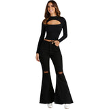 business casual outfits Fashion Wide Leg Knee Ripped Denim Flared Pants