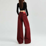 business casual outfits Maillard Angora Red Wide Leg Denim Pants High Waist Loose Slimming Straight Mop Pants Autumn