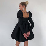 winter outfits men Spring Backless Lace-up Black Pettiskirt Women's Waist Slimming French Square Collar Puff Sleeve Dress Tide