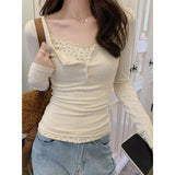 winter outfits men Women's Lace Long-Sleeved T-shirt Korean-Style 2024 Autumn Low Collar Collarbone Fake Two-Piece Floral Top