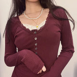 winter outfits men INS Hot Girl Slim-Fit Lace Stitching Fake Two-Piece Breasted Top Wine Red White Autumn and Winter Knitted Long Sleeve