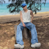 winter outfits men Light Blue Jeans Men's Simple American Retro Loose Wide-Leg Straight Mop Pants High Street Pants