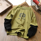 streetwear men outfits Boys' Long-Sleeved T-shirt Cotton Top 2024 Autumn Children's Spring and Autumn Children's Fake Two-Piece Bottoming Shirt