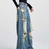 tomboy outfit American-Style Retro Black Ripped Jeans Women's Summer New Ins Fashion Brand Straight Loose Mop Wide-Leg Pants