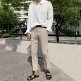 business casual men Linen Casual Pants Men's Summer Korean Style Loose Trendy Cotton and Linen All-Match Cropped Straight Small Suit Pants