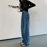 outfit inspo Women's Wide-Leg Jeans Autumn New Loose High Waist Draping Versatile Mopping Pants Pocket Dark Blue Straight Pants