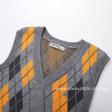 1980s fashion trends 2024 Autumn and Winter Preppy Style V-neck Sleeveless Diamond Pattern Jacquard Knitted Vest