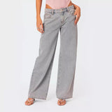 90s streetwear Spring 2024 Women's Bow Ballet Style Embroidered Wide-Leg Pants Washed Denim Trousers