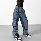 tomboy outfit American Retro Design Pocket Jeans Women's Spring Ins Trendy High Street Niche Straight Wide Leg Overalls