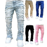 streetwear men outfits Men's Denim Straight Pants Street Fashion Ins Elastic Patch Denim Straight Pants