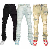 streetwear men outfits Men's Denim Workwear Straight Pants Fashion Ins Elastic Ripped Denim Laminated Micro-Pull Men's Pants