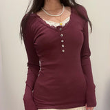 winter outfits men INS Hot Girl Slim-Fit Lace Stitching Fake Two-Piece Breasted Top Wine Red White Autumn and Winter Knitted Long Sleeve