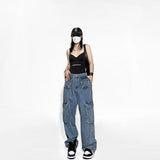 tomboy outfit American Retro Design Pocket Jeans Women's Spring Ins Trendy High Street Niche Straight Wide Leg Overalls