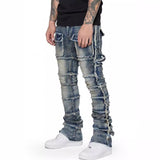 streetwear men outfits Men's Denim Workwear Straight Pants Fashion Ins Elastic Patch Denim Laminated Micro-Pull Men's Pants