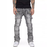 streetwear men outfits Men's Denim Workwear Straight Pants Fashion Ins Elastic Patch Denim Laminated Micro-Pull Men's Pants