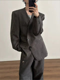 Chicmy- Retro Woven Suit Blazer Wide-Leg Pants Set