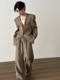 Chicmy- Retro Woven Suit Blazer Wide-Leg Pants Set