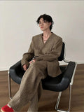 Chicmy- Retro Woven Suit Blazer Wide-Leg Pants Set