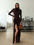 Chicmy-new years eve outfits Christmas party outfits Elegant Turtleneck Thigh High Split Sexy Maxi Dress Women Fashion Long Sleeve Draped Robes Autumn Bandage Bodycon Party Dresses