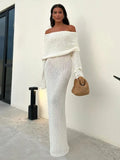 ChicMy Knit Hollow Out Off-Shoulder Maxi Dress Female Cover up See-Through Sleeve Holiday Beach Party Dress Women Knitwear Dress