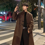 Chicmy-Autumn Winter Men Horn Button Woolen Coat Mid Length Stand Collar Trench Coat Solid Color Big Pocket Overcoat Streetwear