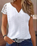 Chicmy-Women's T-Shirts 2023 Summer New White Eyelet Embroidery Lace Patch V Neck Button T-Shirt Tops Fashion Daily Commuter Clothing