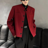 Chicmy-Wine Red Blazers Men Suit Jackets Casual Stand Collar Solid Color Male Short Coats Korean Trendy Men's Clothing Autumn New